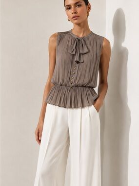Robert Rodriguez Pleated Sleeveless Tie-Neck Silk Top in Taupe Gray NWOT 6
